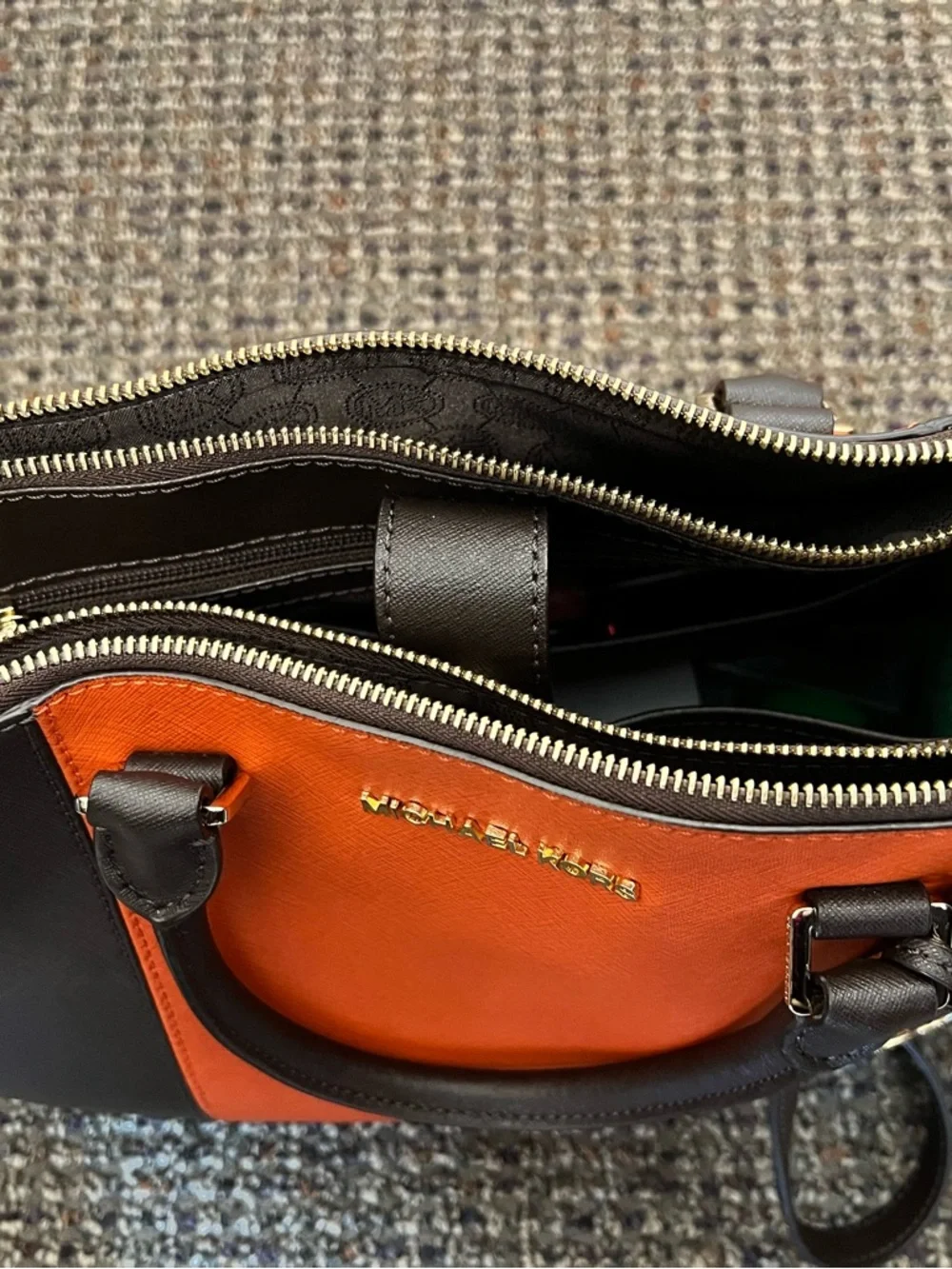 Michael Kors Orange and Brown Saffiano Leather Satchel with Gold MK Charm-EUC - Picture 5 of 7